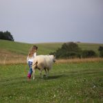 Een meisje met een schaap aan de wandel