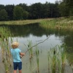 Kind met een stok in zijn hand op de oever van een meer in Drenthe