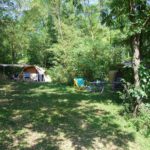 Kampeerveld met twee tenten erop onder de bomen op camping Dutch Hill