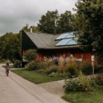 Weg met een gebouw ernaast met zonnepanelen op een natuurcamping in Noord-Holland