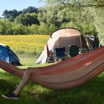 Hangmat voor een tent en een veld vol zonnebloemen op Agriturismo Sopra e Sotto