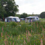 Twee witte caravans op een kampeerveld in het oosten van Nederland