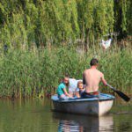 Man met twee kinderen aan het kanoën tussen het riet
