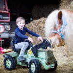 Jongen op een traktor met een paard ernaast op een boerderij in Noord-Brabant