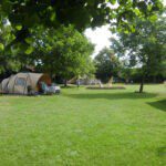 Groen kampeerveld met twee tenten erop op een minicamping in het zuiden van Nederland