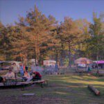 Mensen om een kampvuur heen met meerdere tenten in het bos