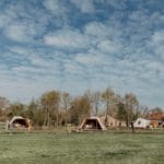Drie ingerichte tenten op een groen kampeerveld in Gelderland